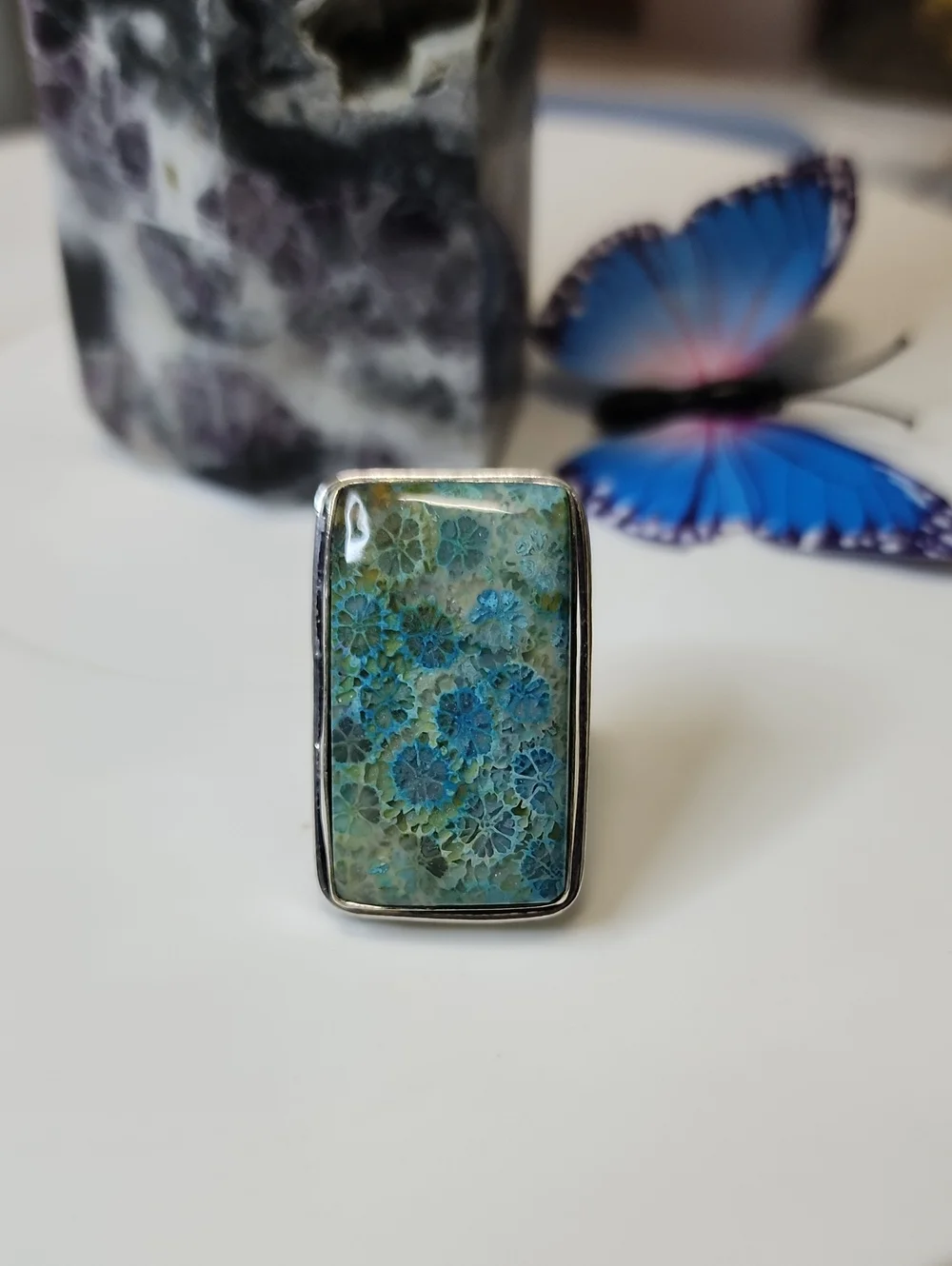Blue-Green Fossil Coral Rectangular Womens Ring